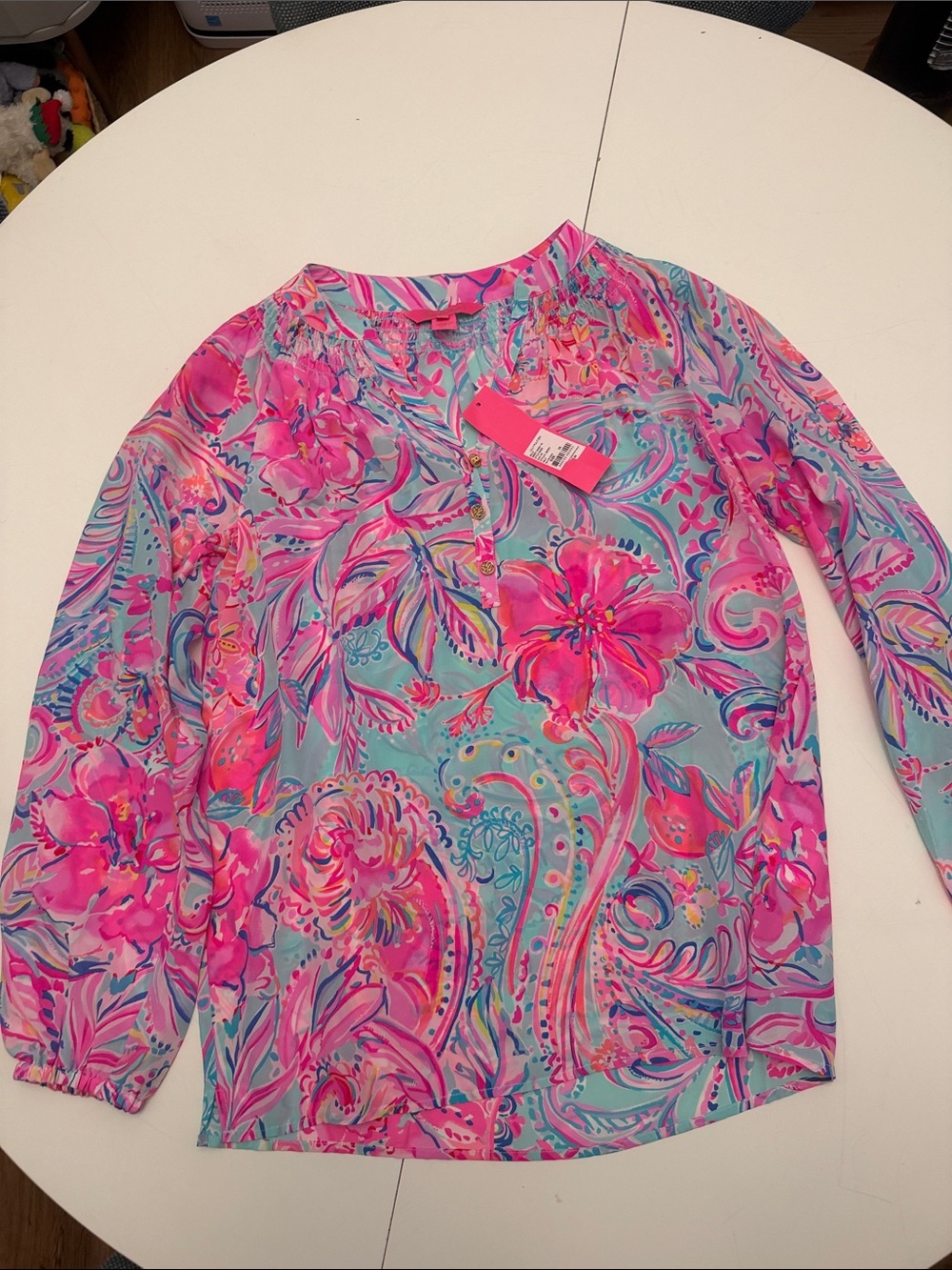 Lilly Pulitzer Pink and Aqua Floral Long-Sleeve Blouse